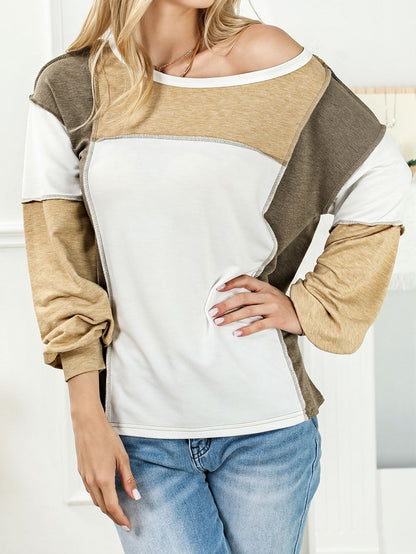 Khaki Patchwork Color Block Knit Top
