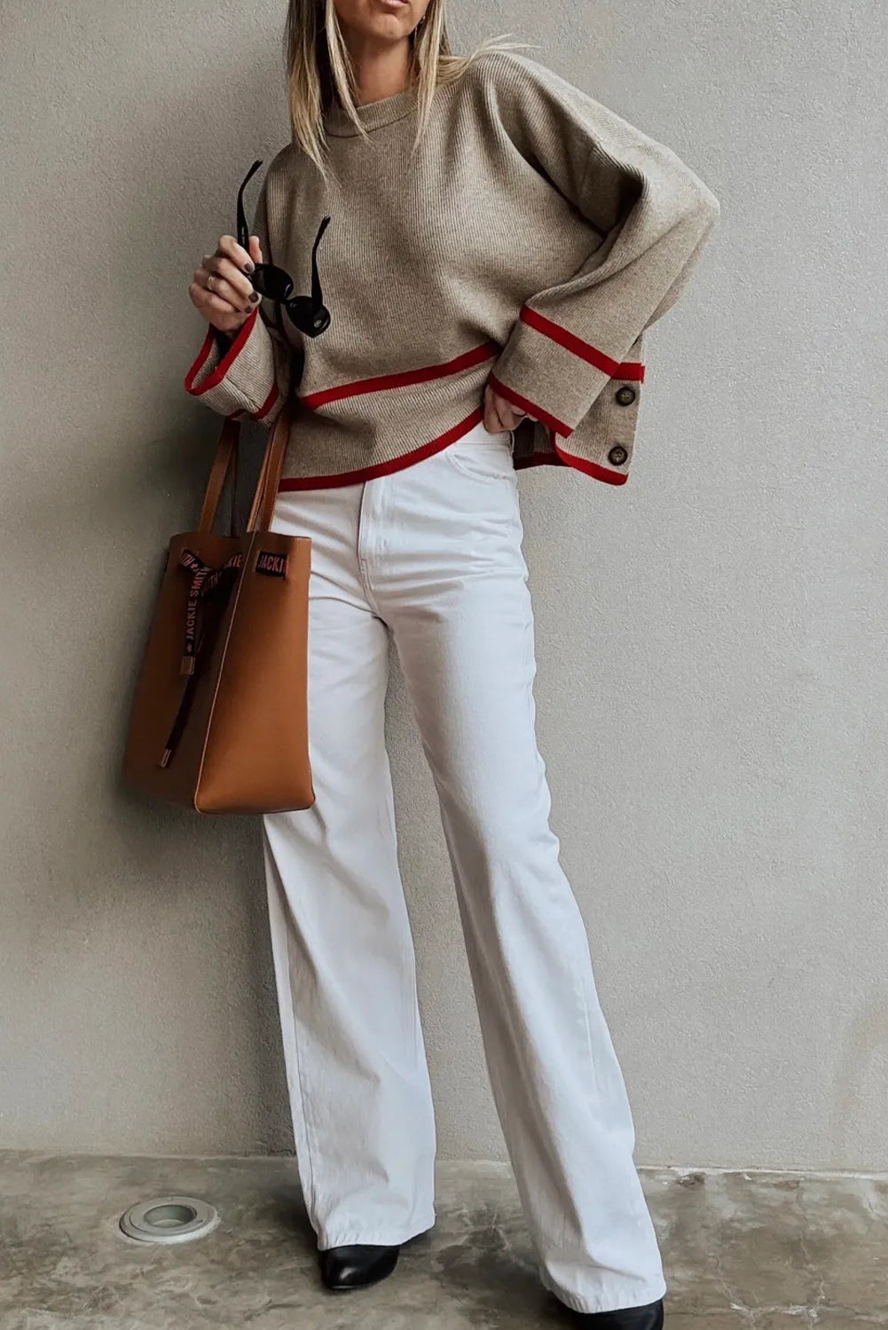 Simply Taupe Ribbed Knit Contrasted Stripe Detail Button Side Loose Sweater