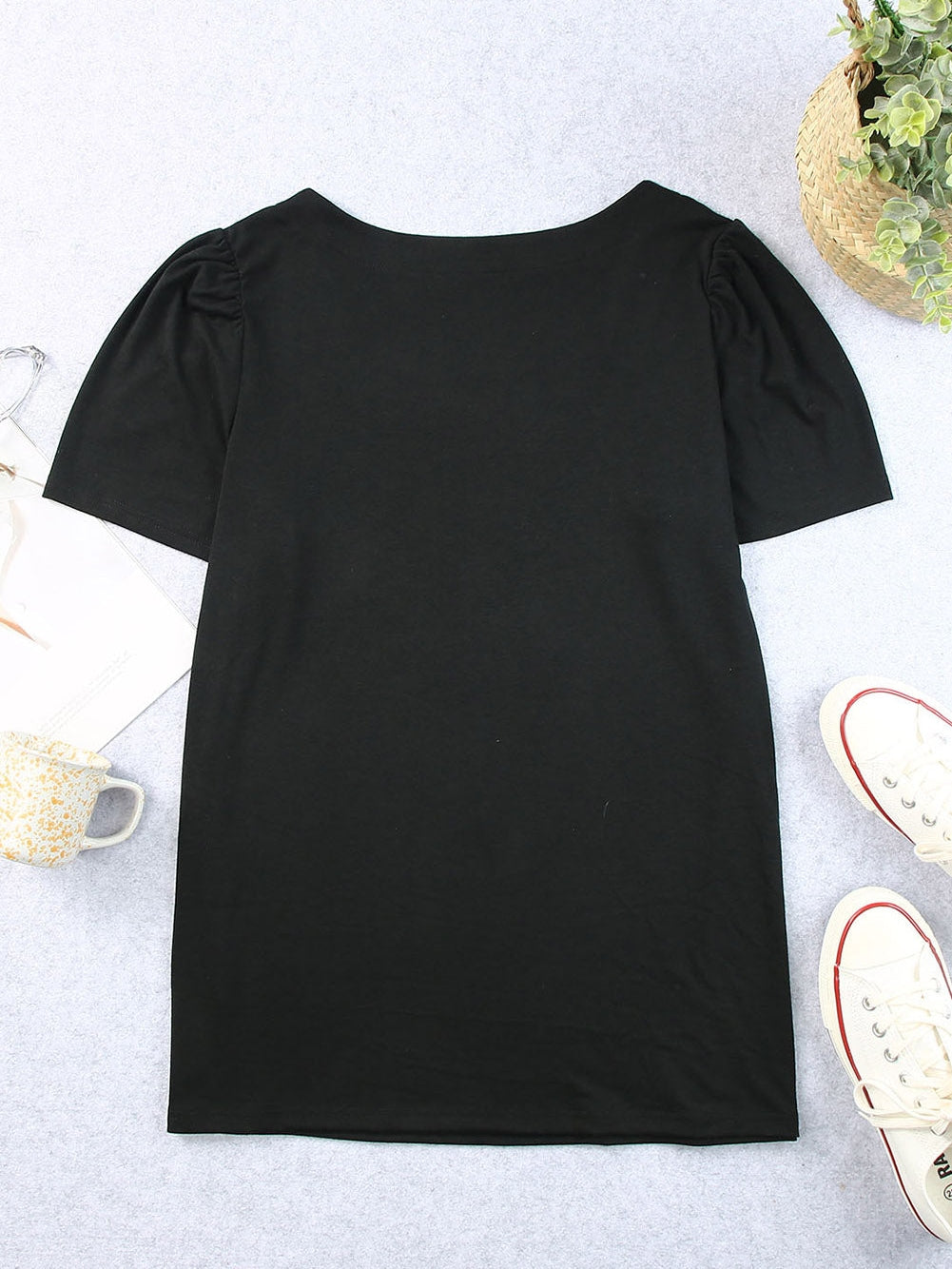 Black Plus Size Square Neck Ruched Shoulder Short Sleeve Top