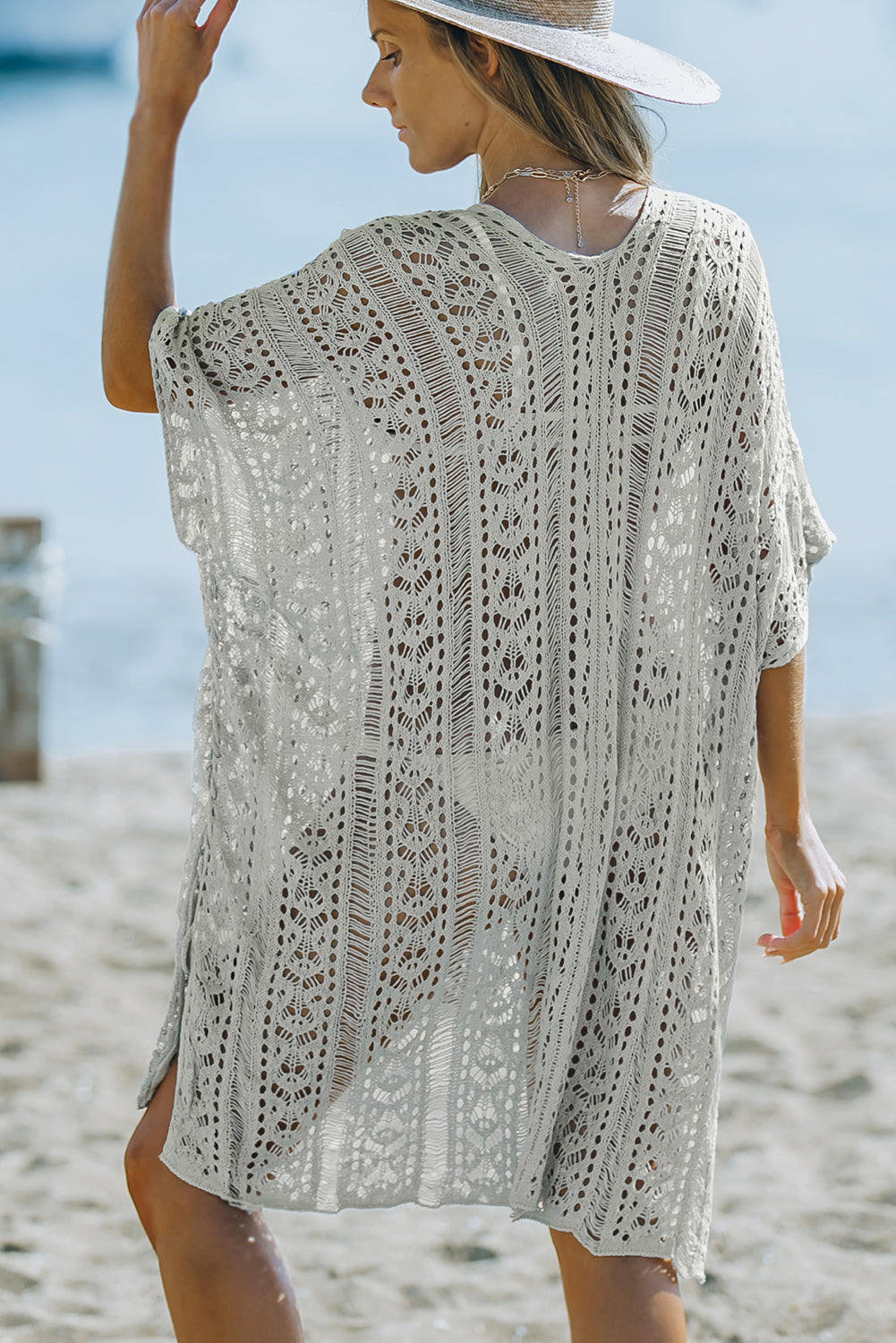 Boho Gray Crochet Beach Dress with Tassel Detail