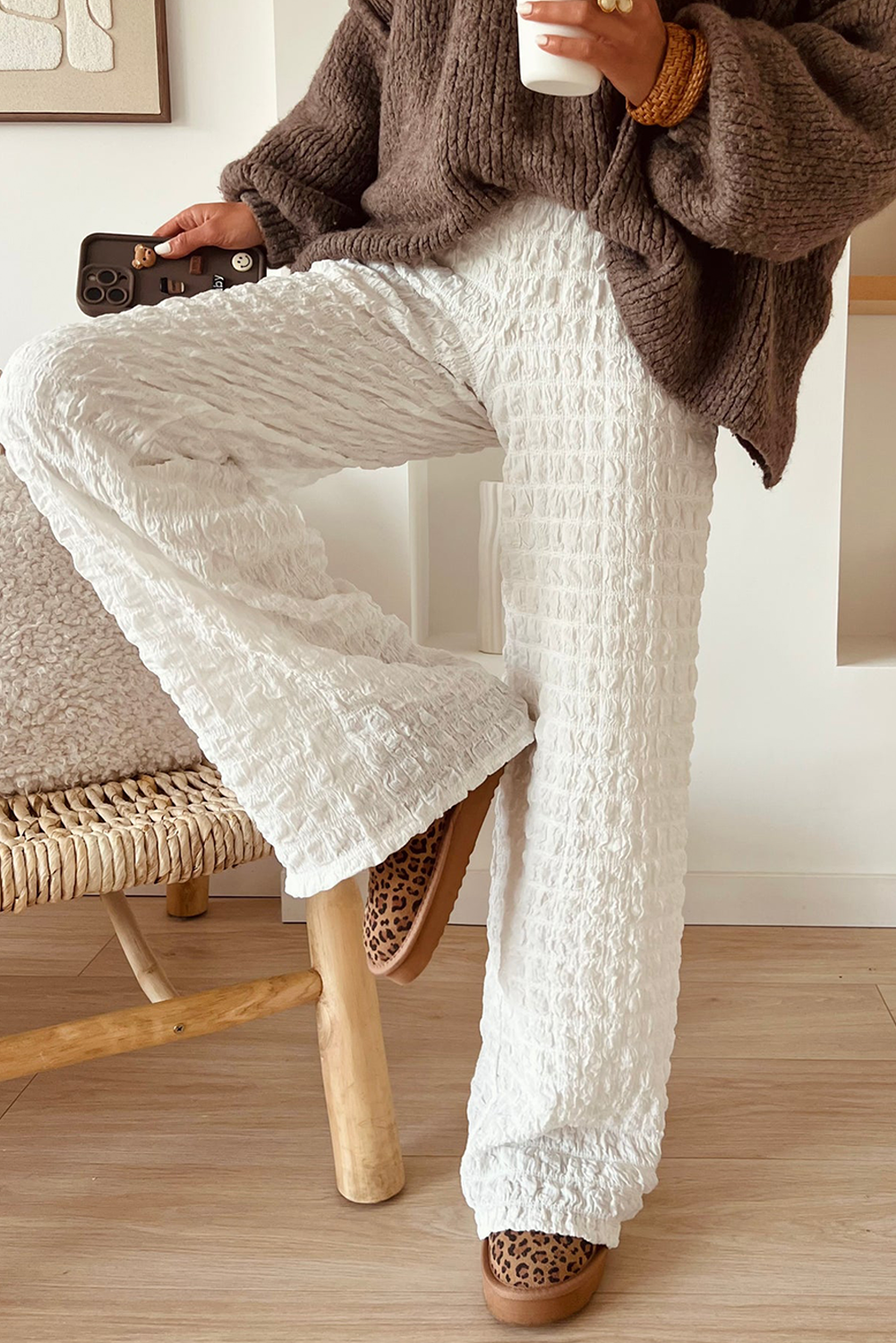 White Bubble Textured Straight High Waist Trousers