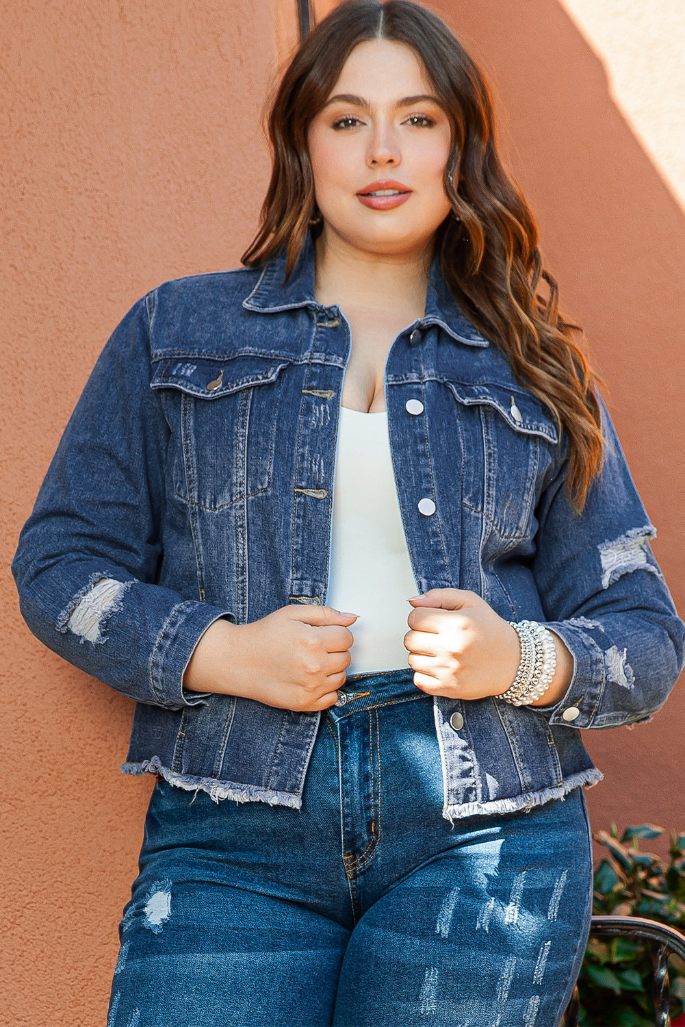 Stylish Plus Size Navy Distressed Denim Shacket