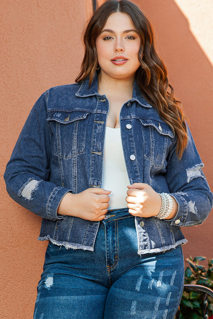 Stylish Plus Size Navy Distressed Denim Shacket