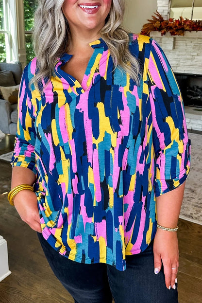 Blue Plus Size Brushstroke Print 3/4 Sleeve Blouse