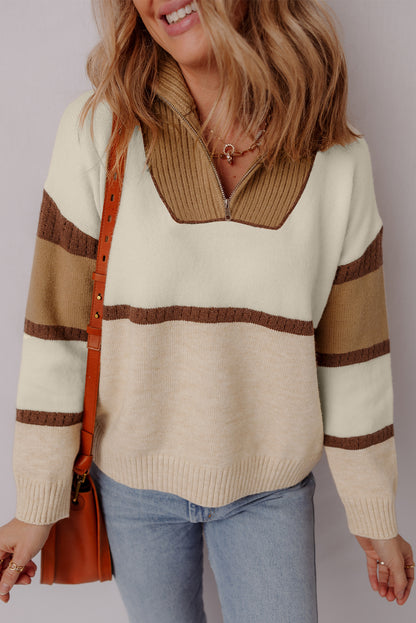 Parchment Colorblock Zipped Collared Pullover Sweater