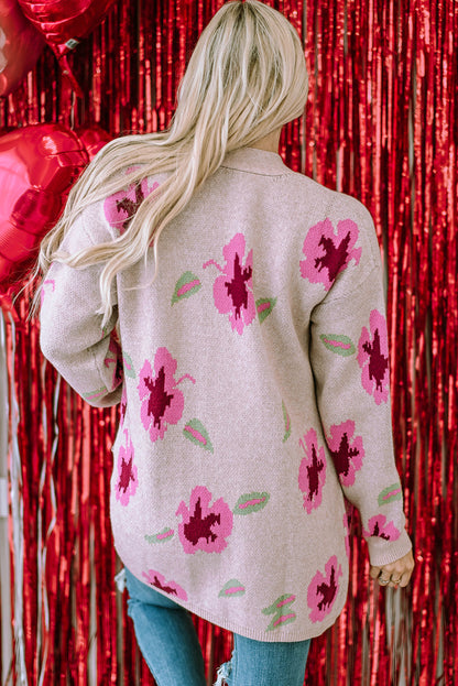 Elegant Pink Floral Knit Cardigan with Pockets
