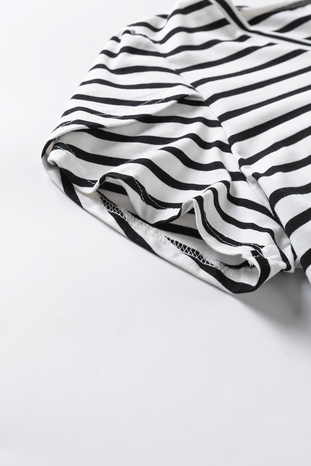 Elegant White Striped V Neck Petal Sleeve Plus Size Tee