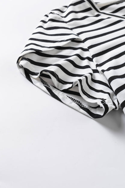 Elegant White Striped V Neck Petal Sleeve Plus Size Tee