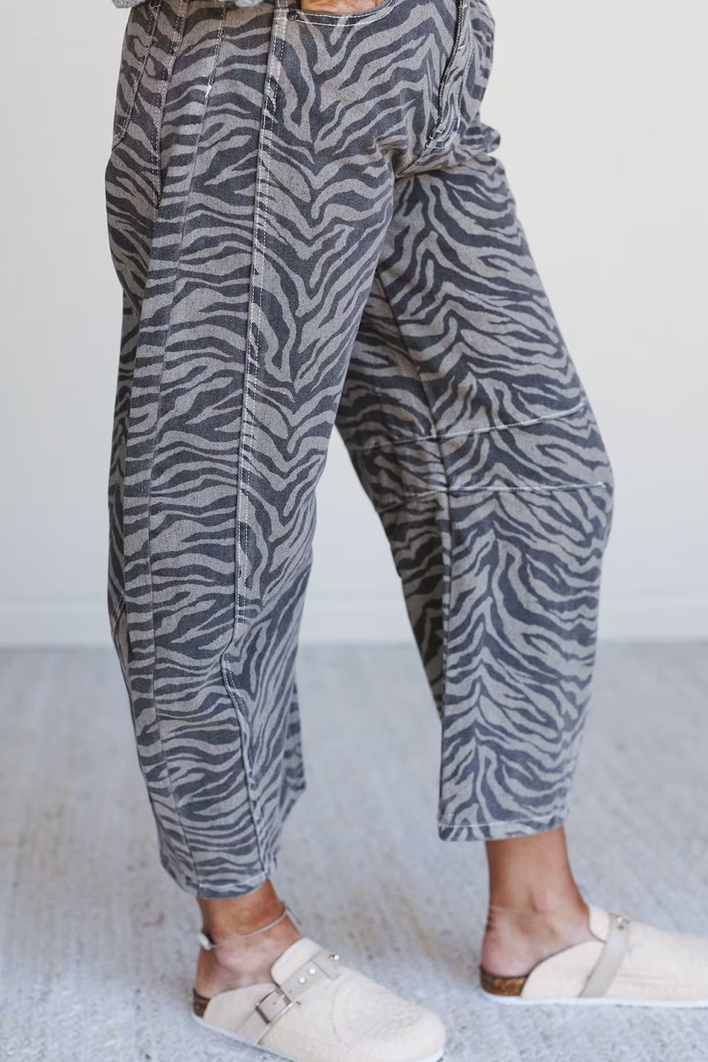 Gray Zebra Stripe Printed Wide Leg Jeans