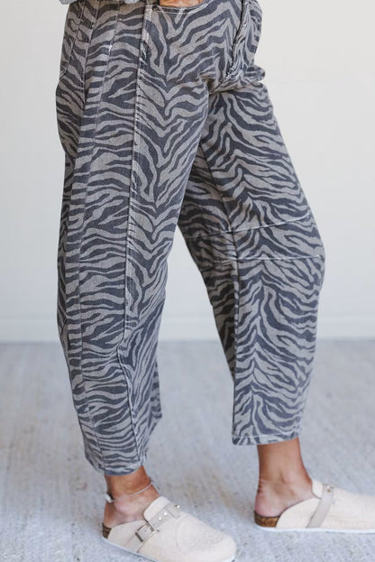 Gray Zebra Stripe Printed Wide Leg Jeans