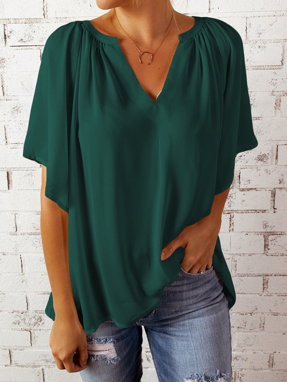 Green Split V-Neck Pleated Flutter Sleeve Blouse