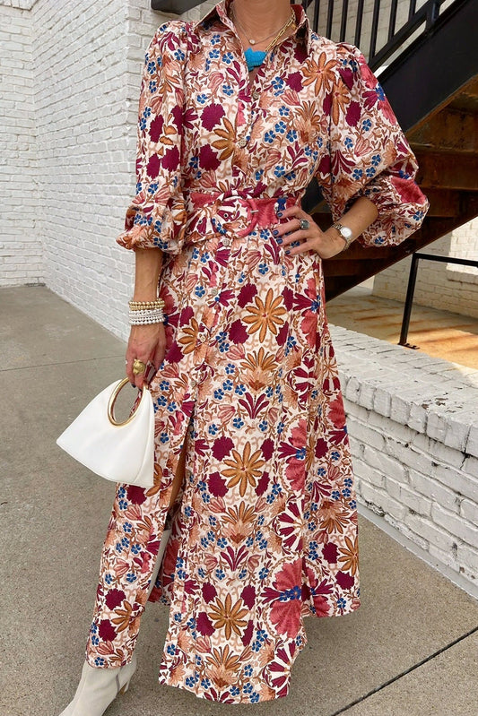 Red Floral Print Shirt Collar Button Down Puffy Bracelet Sleeve Long Dress