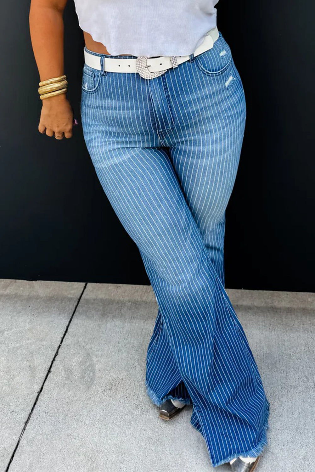 Sky Blue Stripe Raw Hem Split Leg Flared Jeans