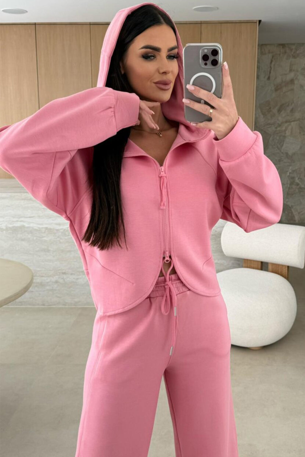 Pink Solid Color Zip Up Hoodie Drawstring Loose Pants Set