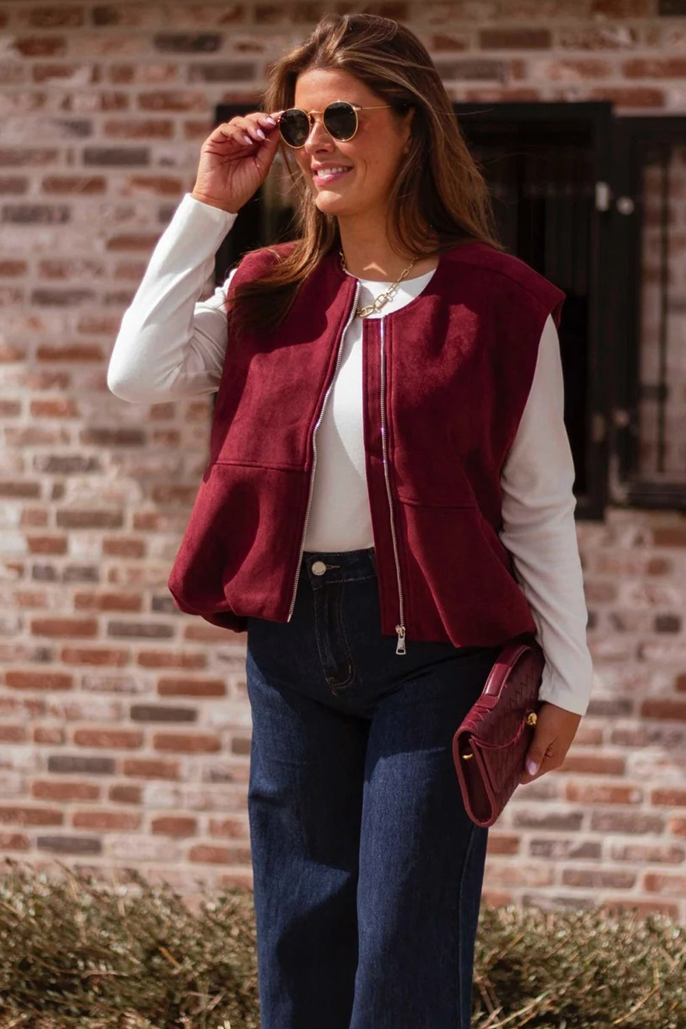 Burgundy Suede Zipped Sleeveless Vest