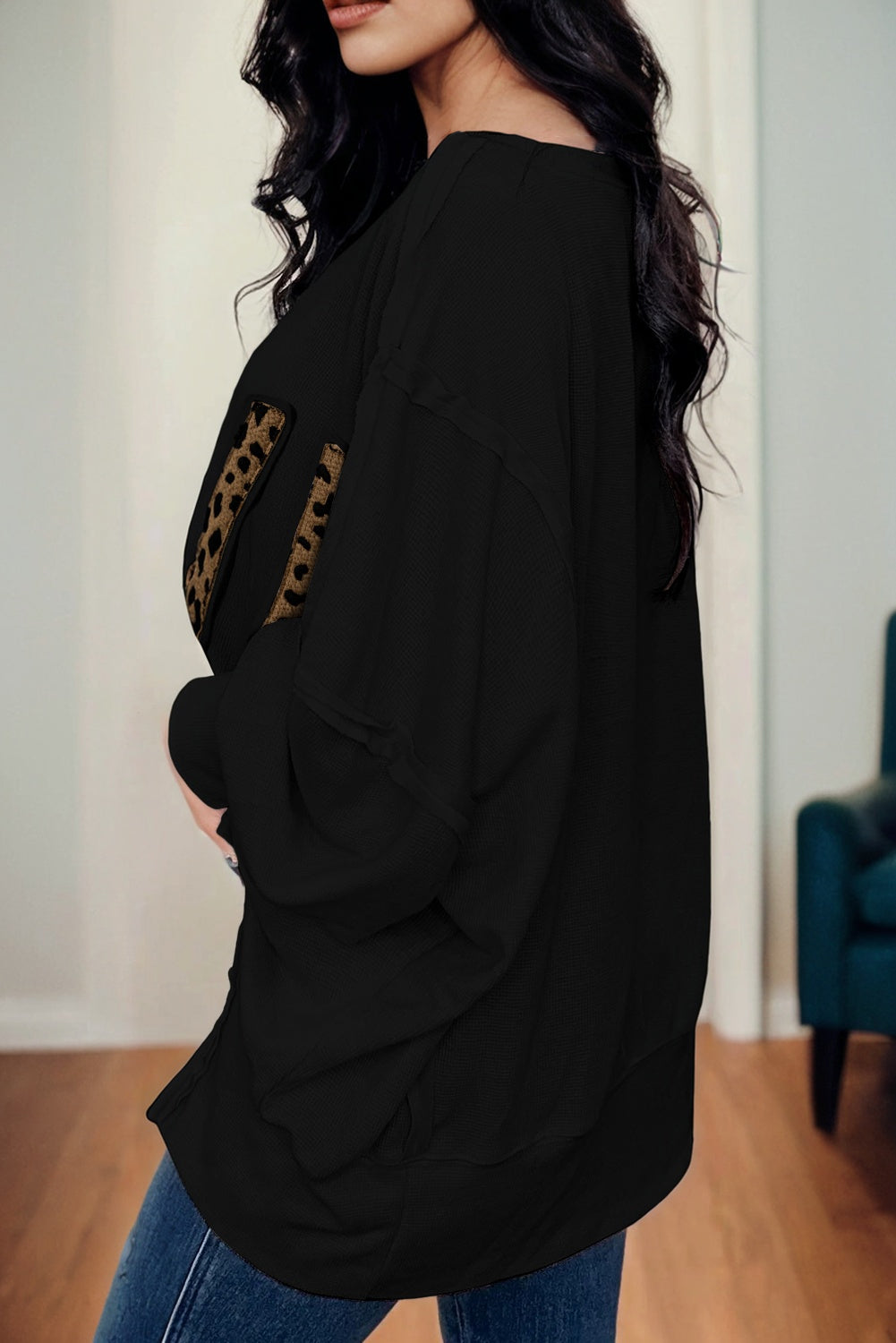 Black Oversize Leopard LOVE Patched Graphic Round Neck Casual Sweatshirt