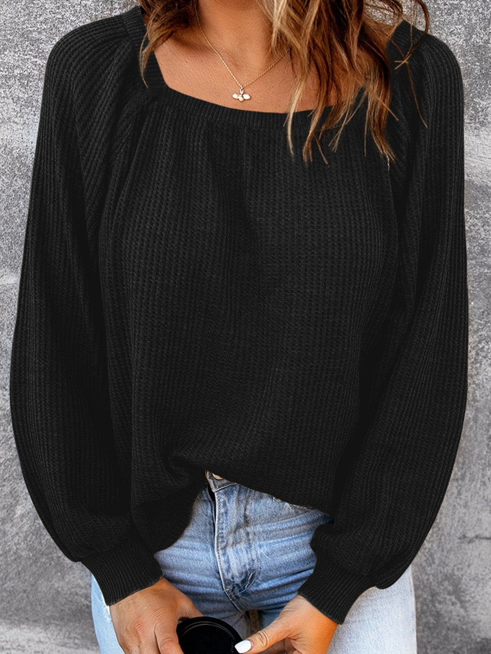 Elegant Square Neck Long Sleeve Waffle Knit Top
