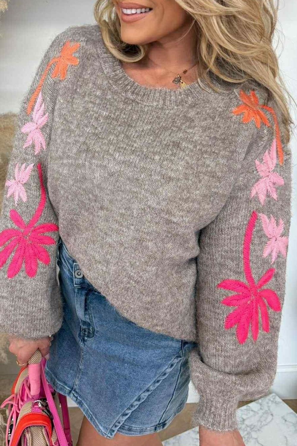 Simply Taupe Embroidered Floral Sleeve Round Neck Loose Sweater