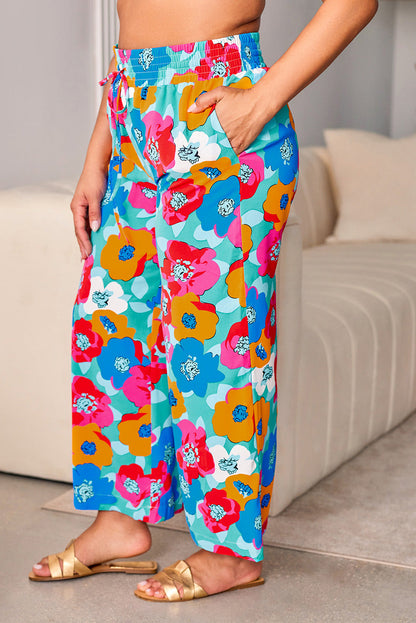 Vibrant Floral Print Plus Size Wide Leg Trousers