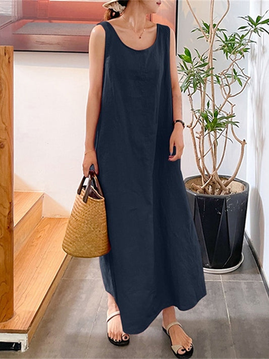 Women's Dress - Cotton Linen Dress Casual Dress Shift Dress Maxi long Dress Cotton Blend Basic Casual Daily Holiday Vacation Crew Neck Pocket Sleeveless Summer Spring 2023 Loose Fit Yellow Pink Red Pure Color