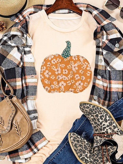 Floral Pumpkin Print Khaki Graphic Tee