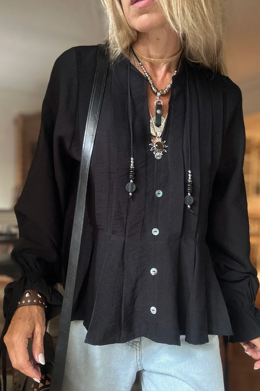 Black Pintuck Buttoned Front Decor Ruffled Sleeve Loose Blouse
