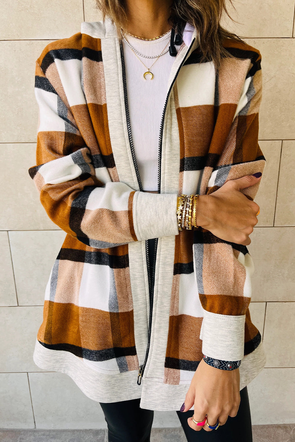 Brown Vintage Plaid Contrast Trim Hooded Zip Up Jacket