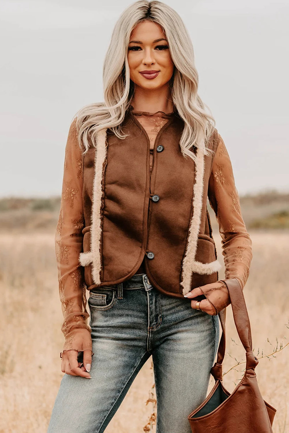 Coffee Faux Suede Plush Trim Button Down Vest