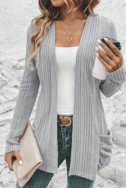 Light Grey Ribbed Open Front Knitted Top with Pockets