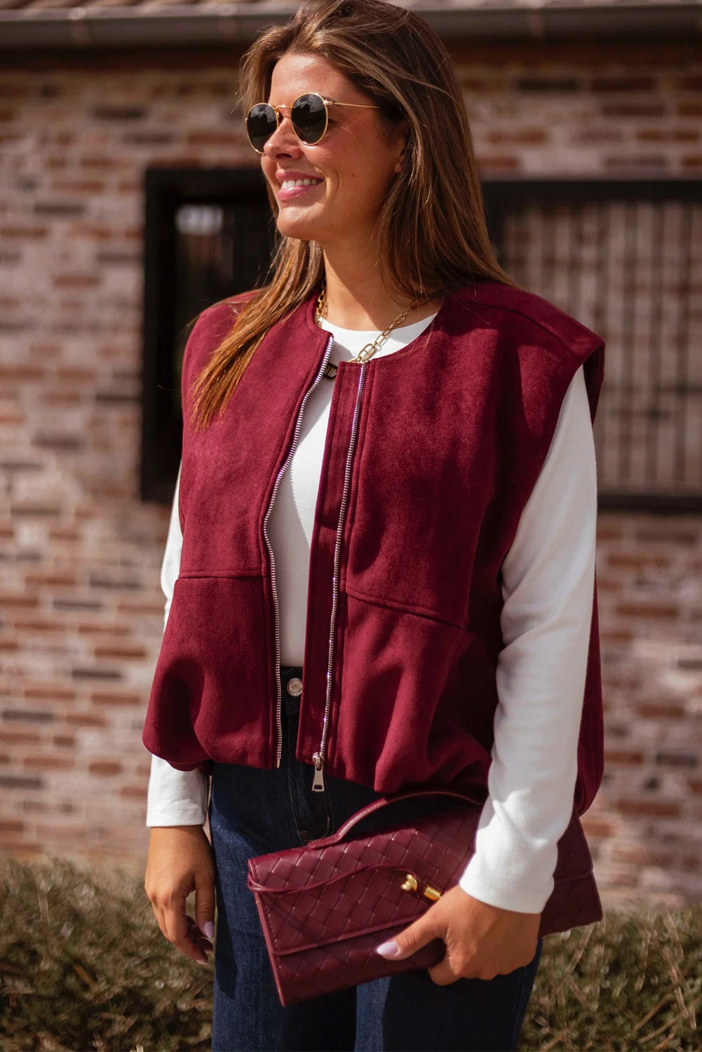 Burgundy Suede Zipped Sleeveless Vest