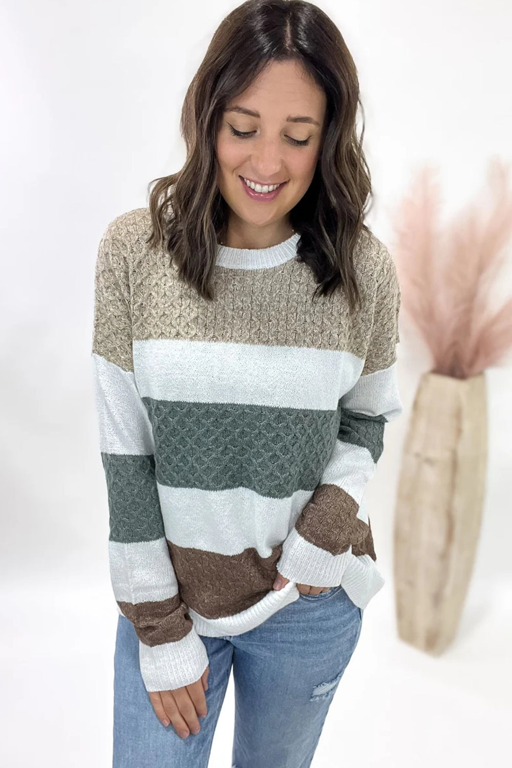 Green Mixed Texture Knit Striped Color Block Loose Sweater