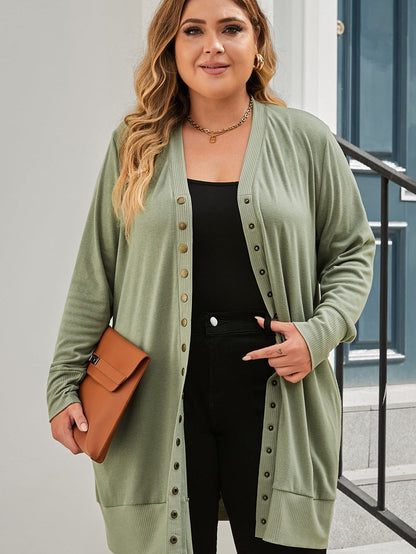 Green V-Neck Plus Size Snap Button Cardigan with Pockets