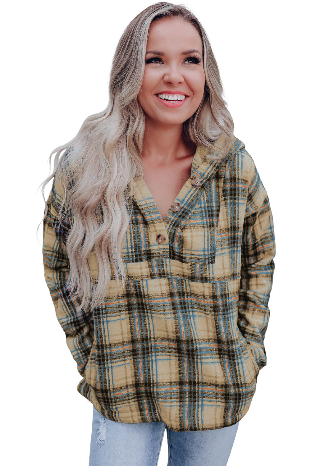Khaki Plaid Hooded Pullover with Button Detail and Kangaroo Pocket