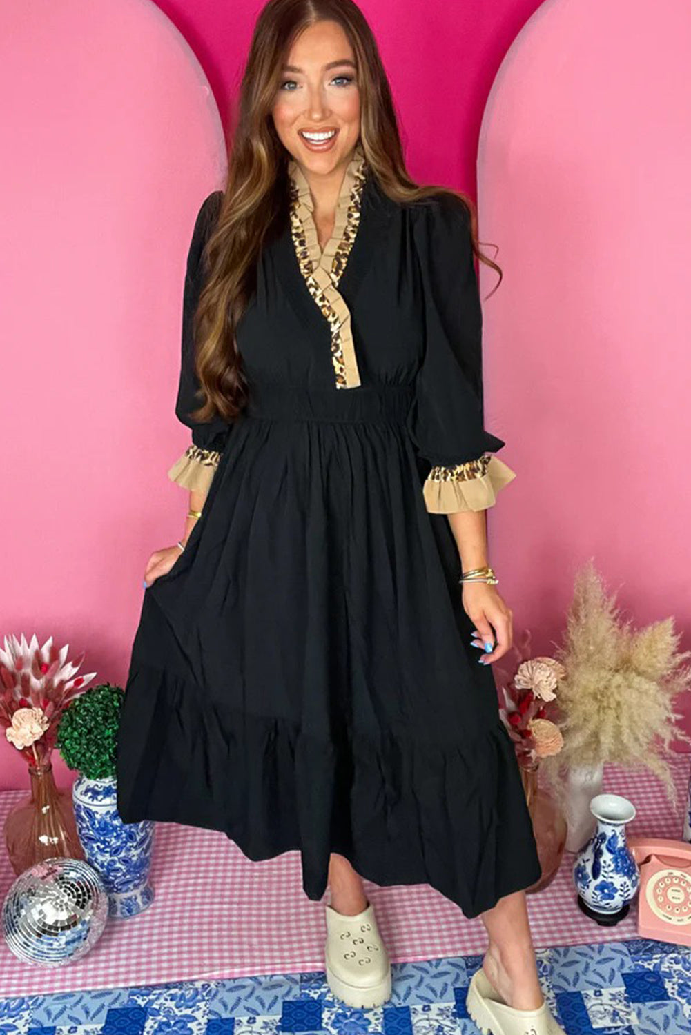 Black Contrast Frilled Trim V Neck 3/4 Ruffled Sleeve Flowy Midi Dress