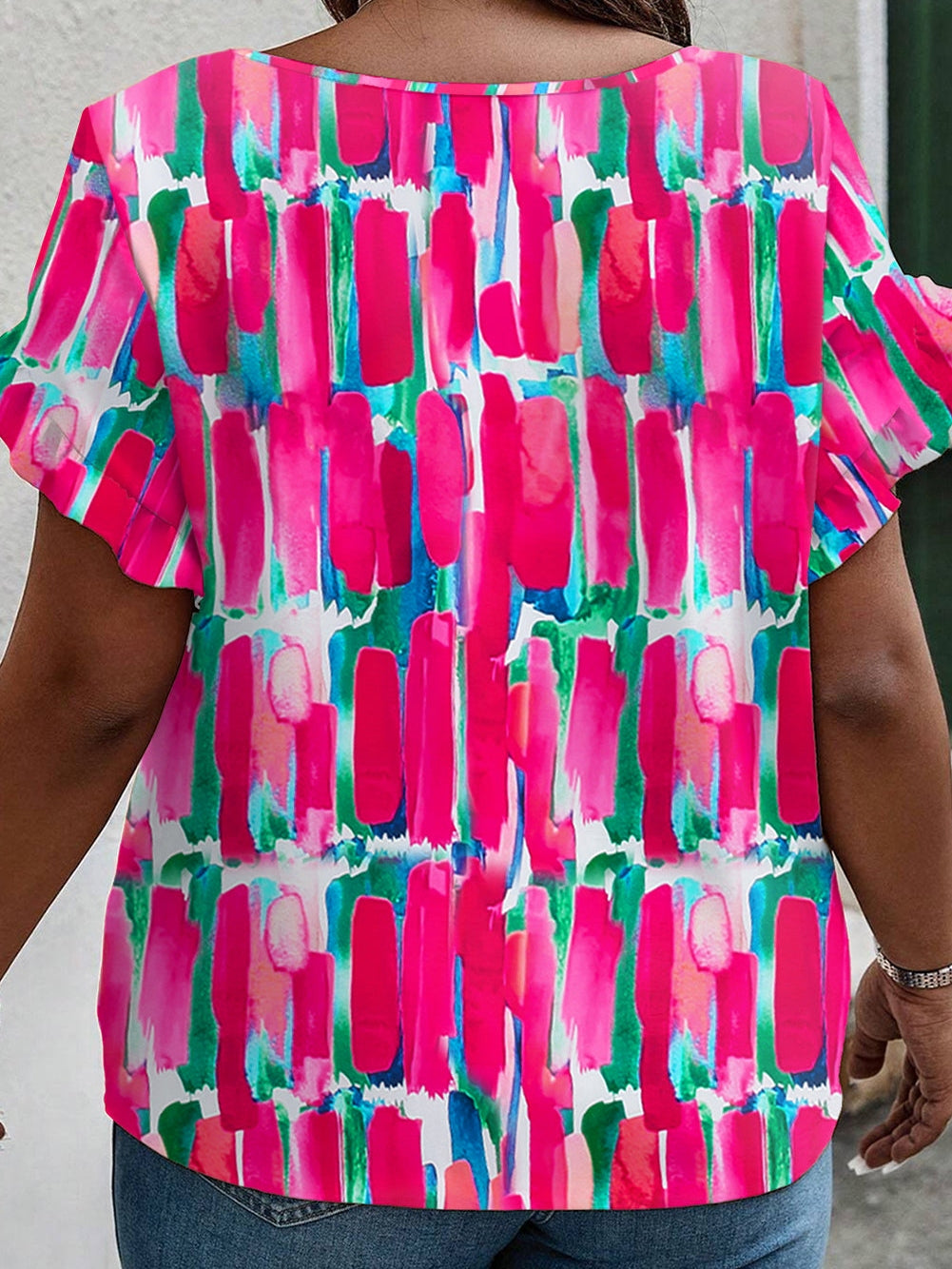 Rosy Abstract Print Ruffle Petal Sleeve Blouse for Curvy Queens