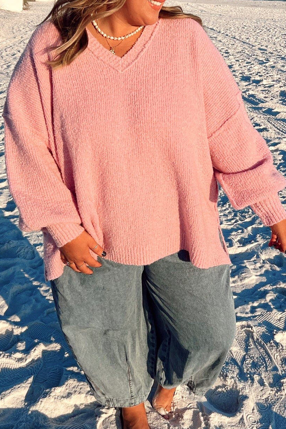 Gossamer Pink Drop Shoulder V Neck Hi Lo Casual Plus Size Sweater