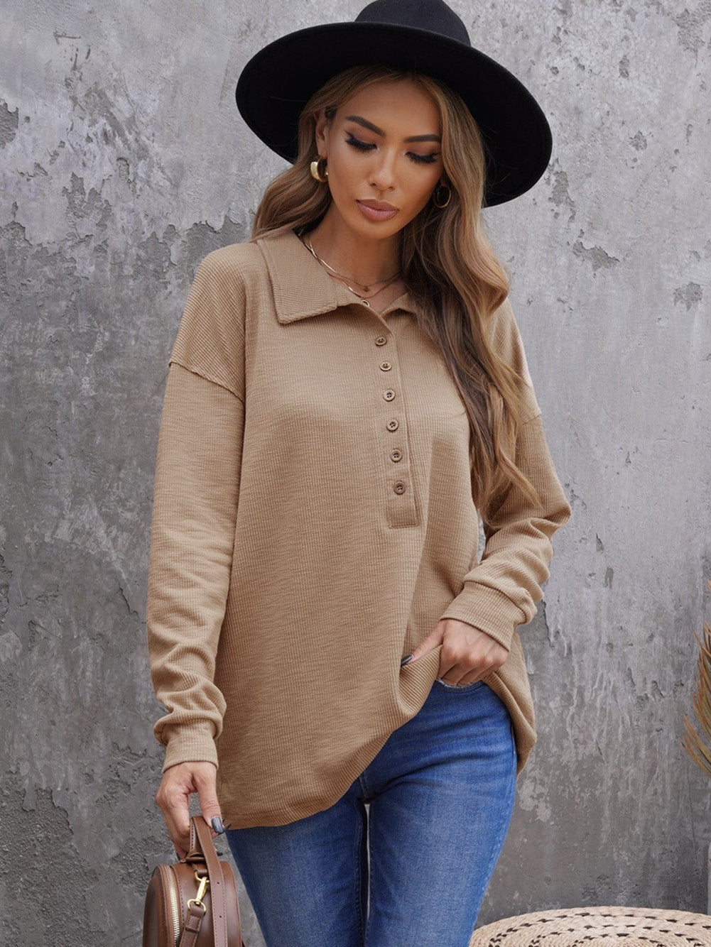 Elegant Khaki Knit Top with Chic Turn-down Neck