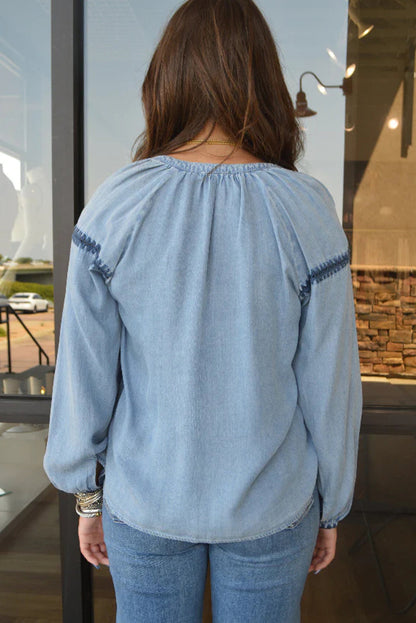 Beau Blue Stitched Detail V Neck Button Down Long Sleeve Chambray Shirt