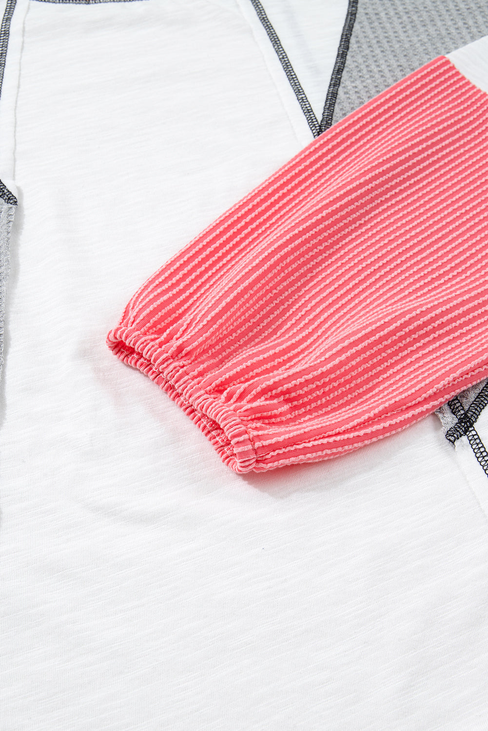 White Contrast Block Mixed Textured Knit Patchwork Casual Top