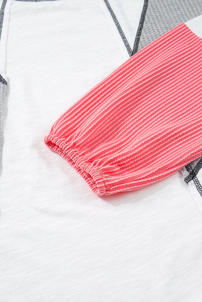 White Contrast Block Mixed Textured Knit Patchwork Casual Top