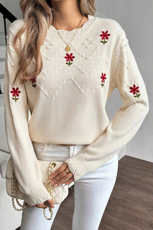 Beige Floral Embroidered Textured Detail Pullover Sweater