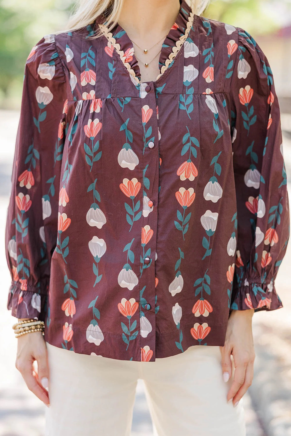 Brown Floral Print Frilled Ricrac Trim Collar Long Sleeve Shirt