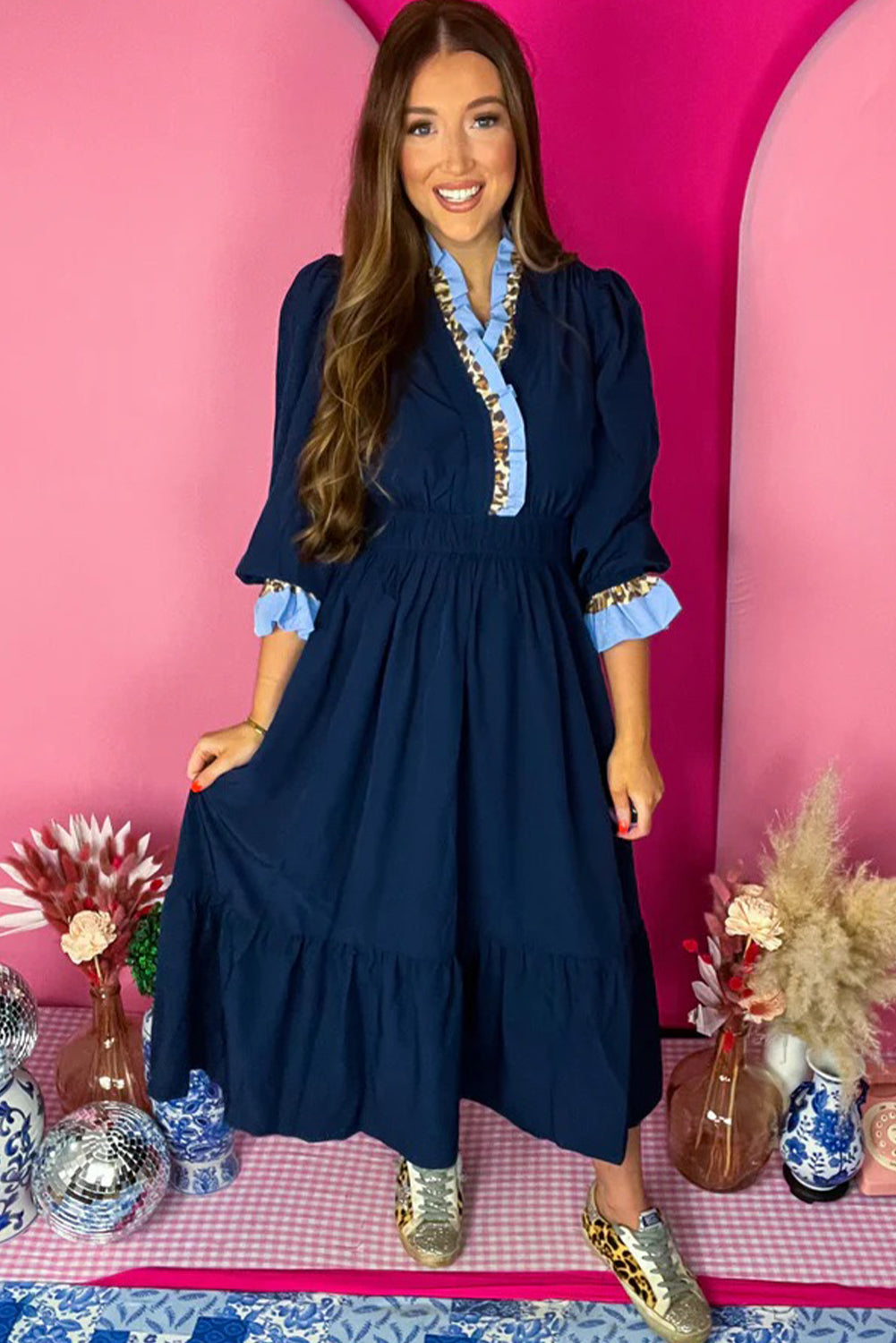 Navy Blue Contrast Frilled Trim V Neck 3/4 Ruffled Sleeve Flowy Midi Dress