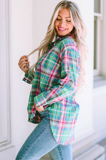 Green Plaid Split Detail Button Down Shirt
