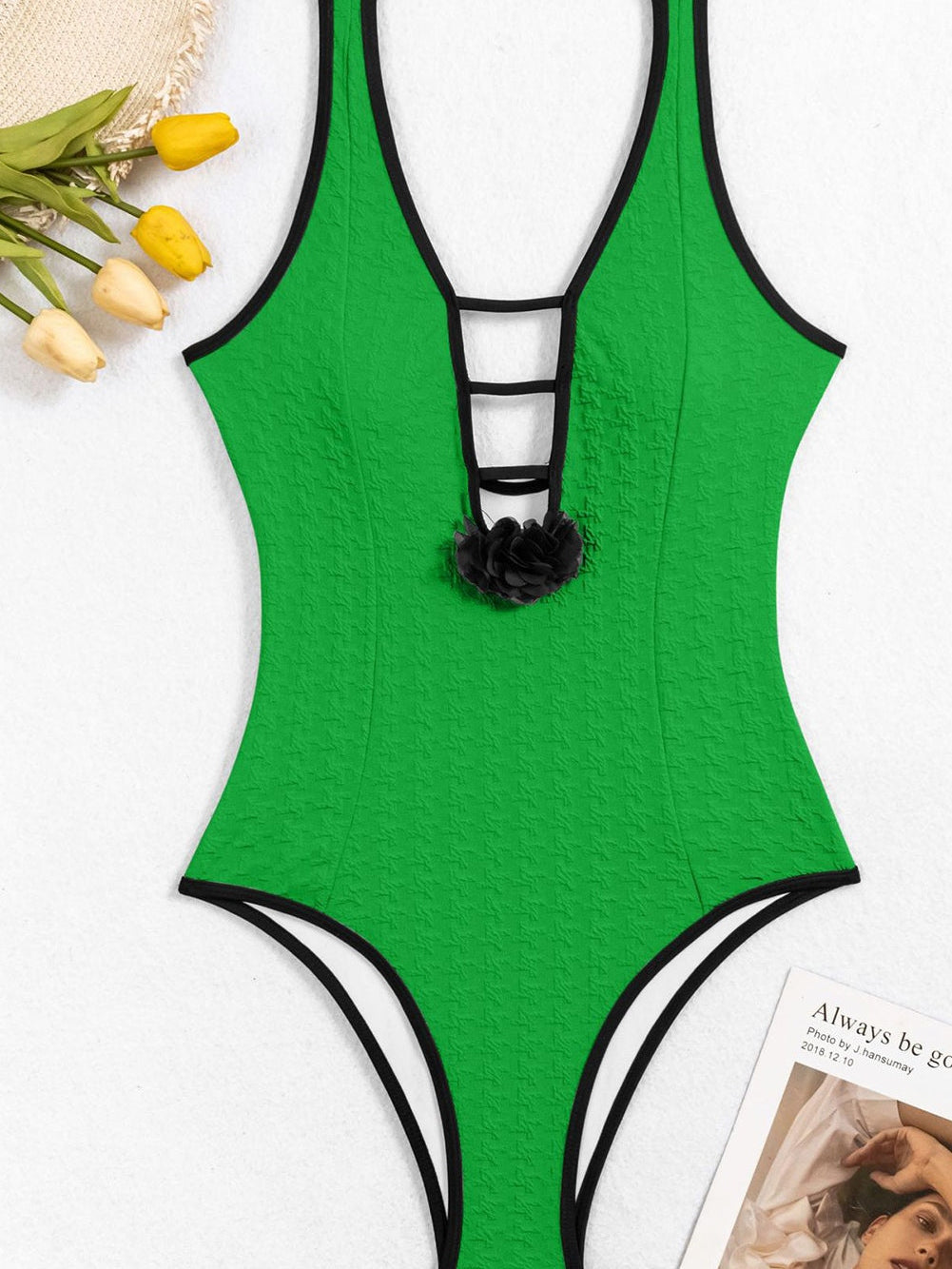 Elegant Bright Green Floral Cut-Out One-Piece Swimsuit
