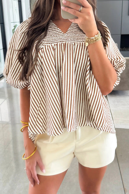 Brown Stripe Shirred V Neck Short Puff Sleeve Blouse