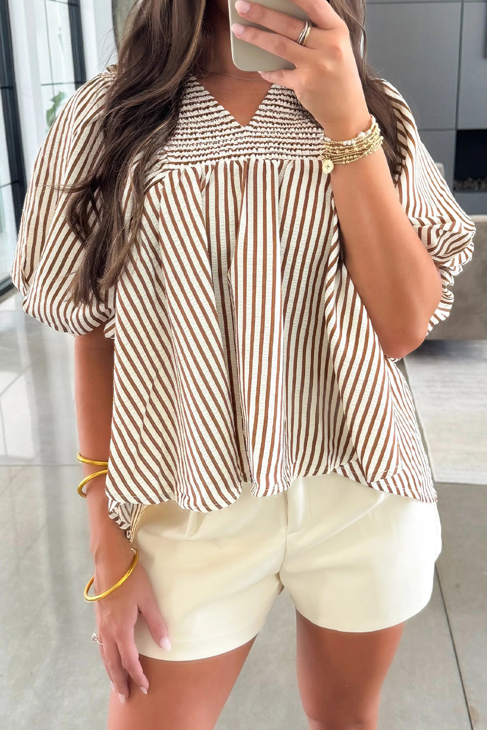 Brown Stripe Shirred V Neck Short Puff Sleeve Blouse