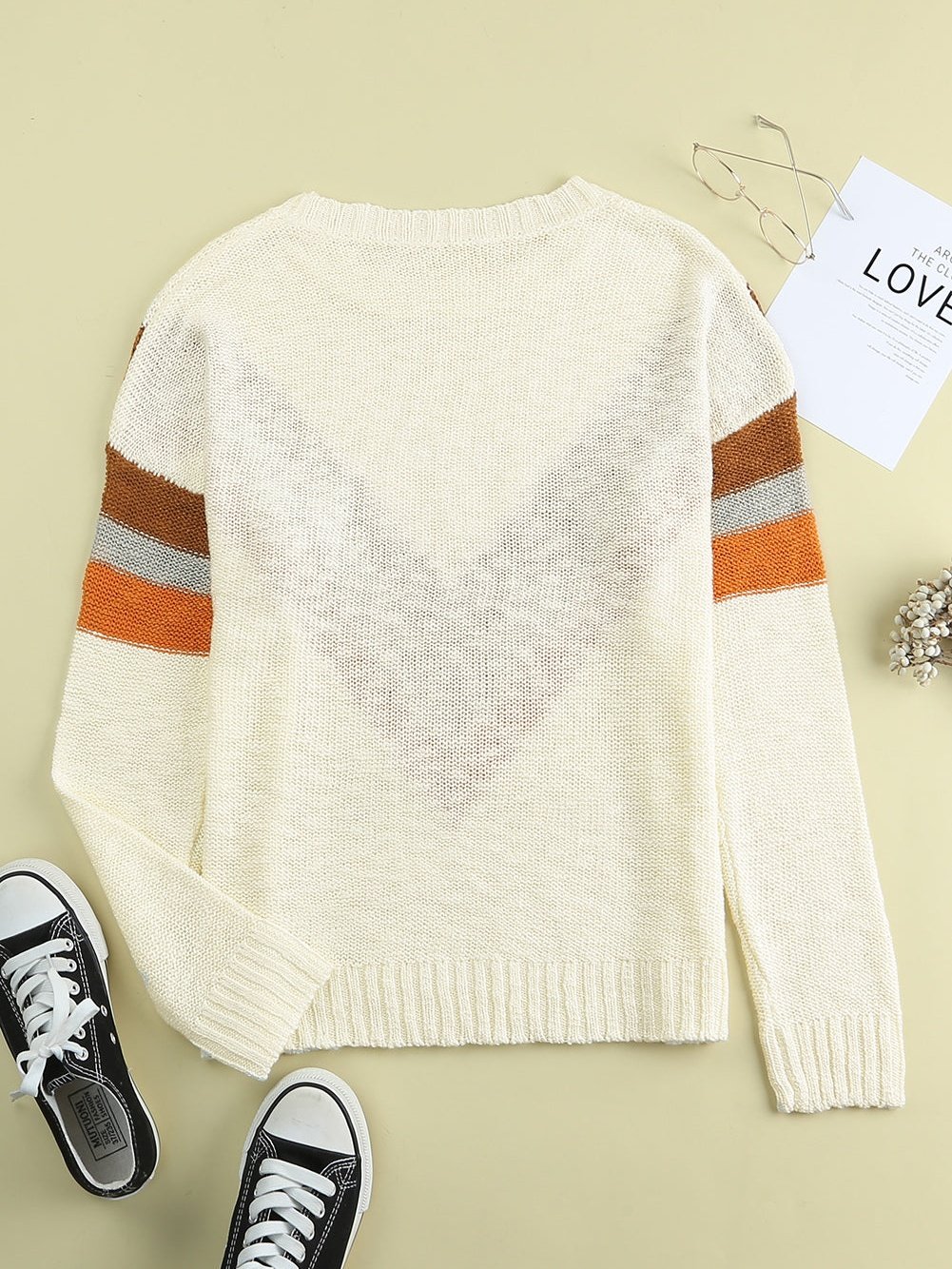 Beige Chevron Stripe Drop Shoulder Knit Pullover