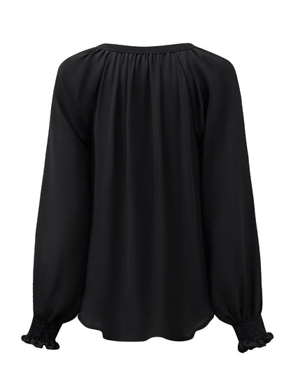 Elegant Black V-Neck Puff Sleeve Pleated Top