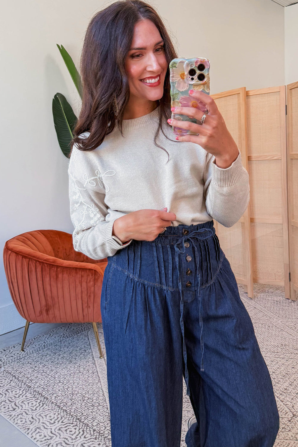 Simply Taupe Contrast Embroidered Sleeve Ribbed Trim Casual Sweater